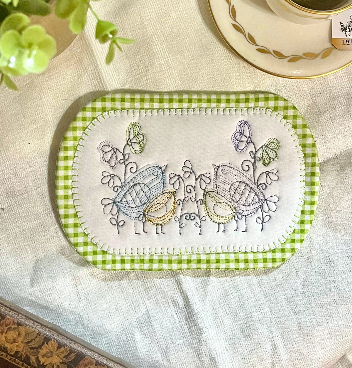 Cottage Garden Embroidered Mug Rug – Green Gingham