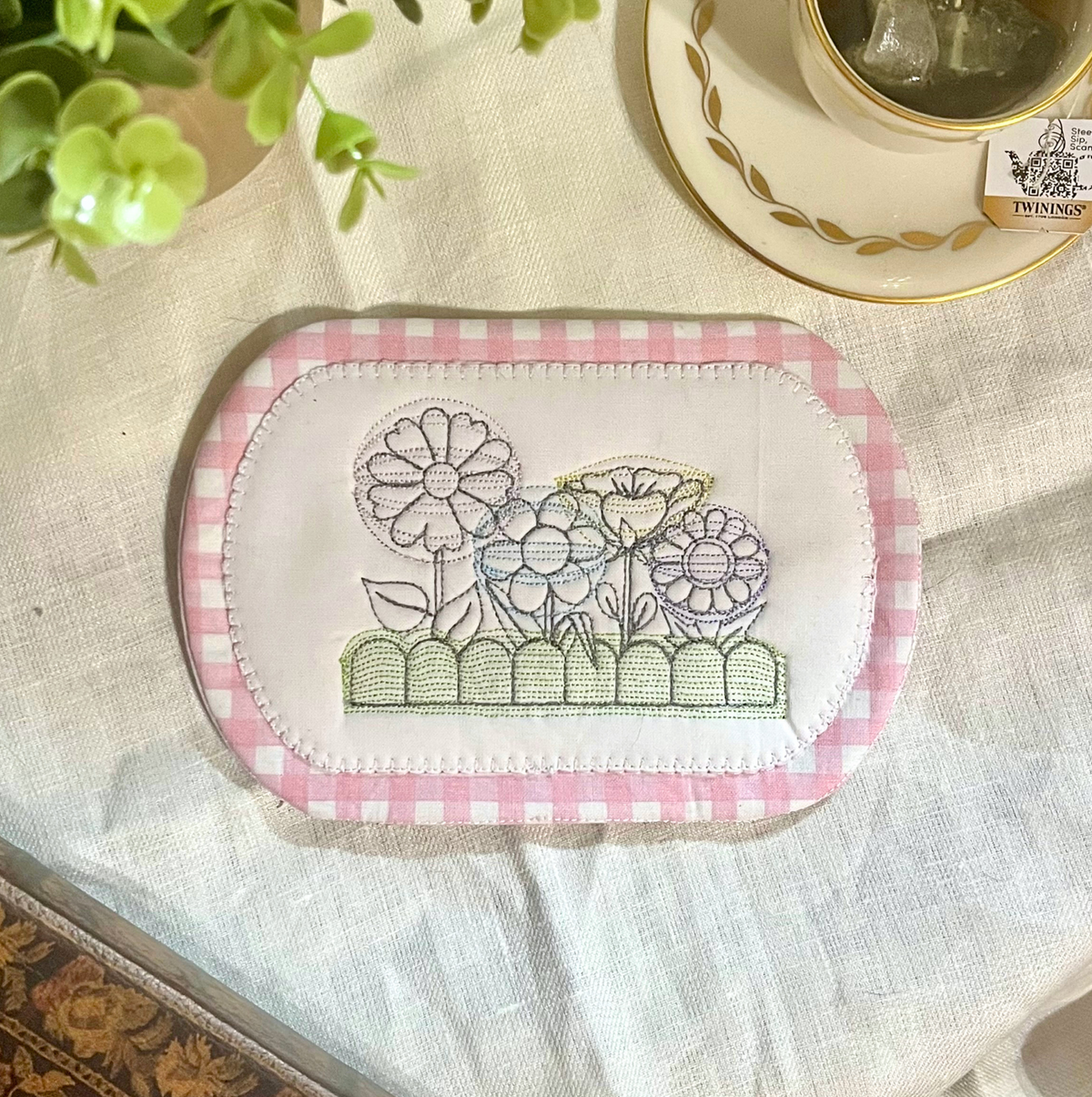 Cottage Garden Embroidered Mug Rug – Pink Gingham
